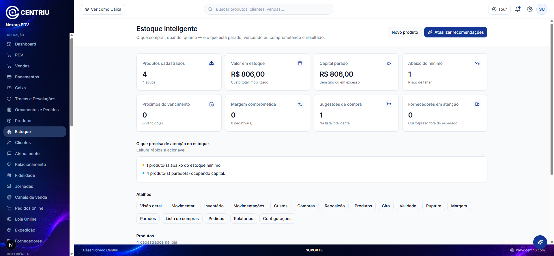 Tela real do Estoque Inteligente do Nexora PDV, com produtos cadastrados e alerta de estoque abaixo do mínimo